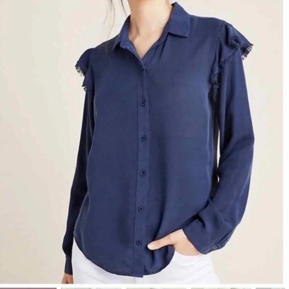Cloth‎ & Stone Anthropologie Tencel Frayed Ruffle Button Down M
